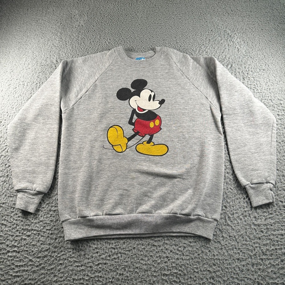 Vtg Disney Sweatshirt Size L Gray Mickey Mouse Crewneck Graphic Pullover 90's‎